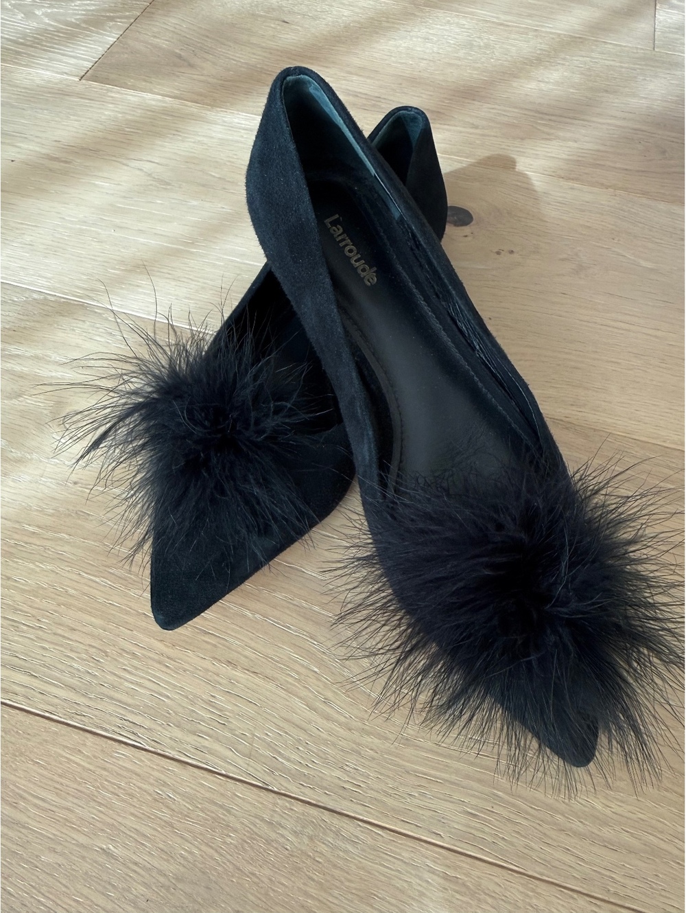 Larroudé Lee Pom-Pom Suede Pointed Toe Flats Black Size 8.5